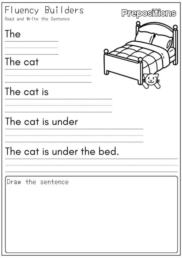 Preposition Sentence Pyramids | 30 Read, Write and Draw Fluency Builders | 1st-2nd Grade Grammar