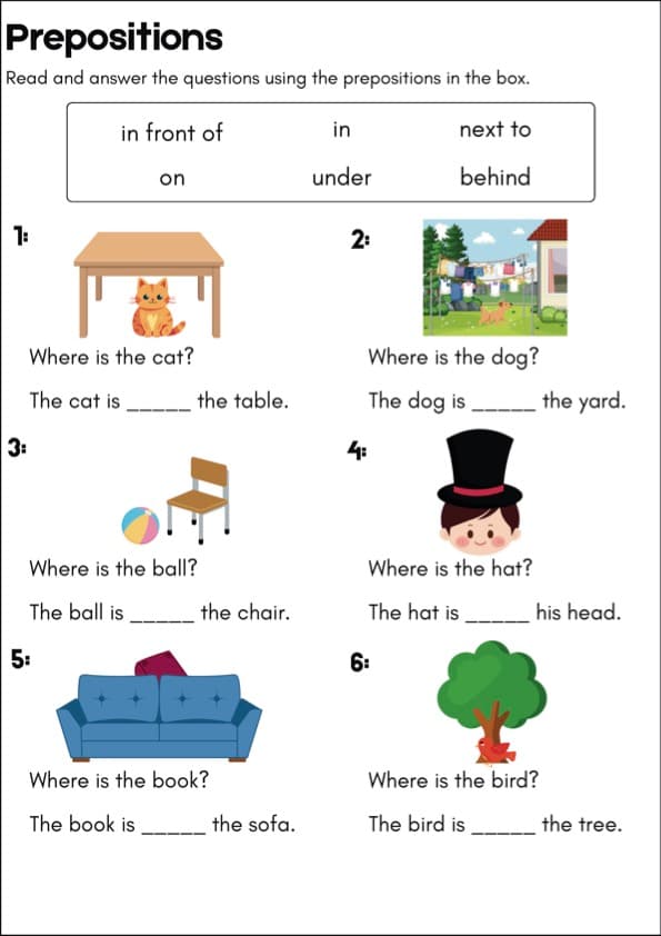 Prepositions of Place Fill-in-the-Blank Worksheets | 60 Where Is It? Picture Questions | 1st Grade Grammar