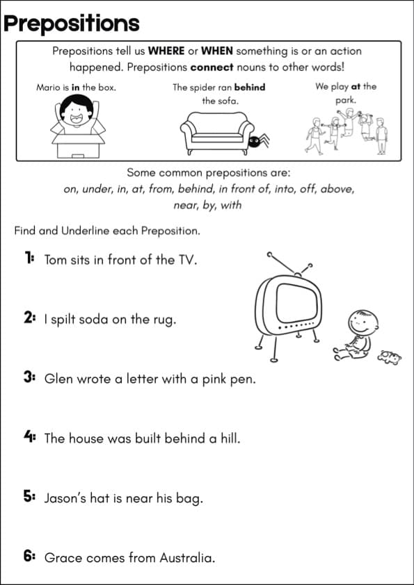Find and Underline the Preposition Worksheets | 78 Sentences | 1st Grade Grammar ESL