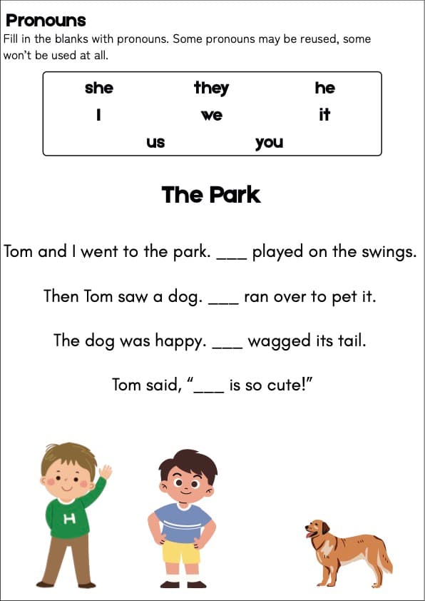 Pronoun Stories Fill-in-the-Blank Worksheets | 10 Short Stories with Word Box | 1st Grade Grammar