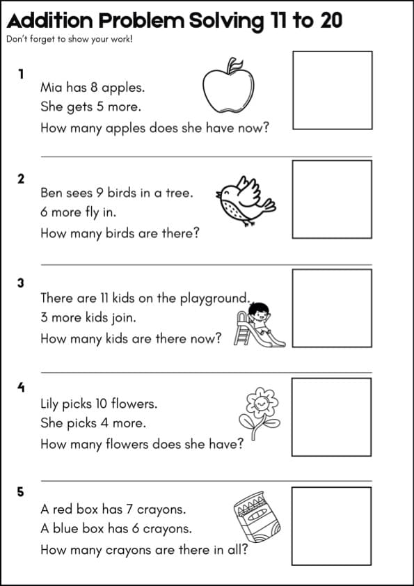 Addition Word Problems to 20 | 1st Grade Math Worksheets, Picture Support