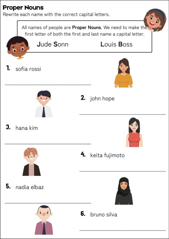 Capitalizing Names Worksheets | Rewrite 69 Proper Nouns with Capital Letters | 1st Grade Grammar