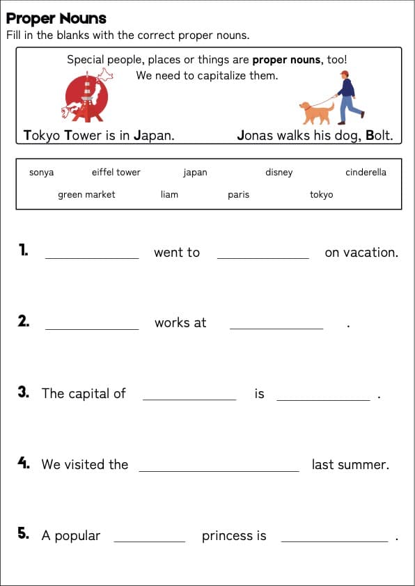 Proper Nouns Fill-in-the-Blank Worksheets | Places, People and Days with Capital Letters | 1st Grade Grammar