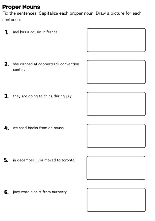 Fix the Sentence Capitalization Worksheets | 60 Proper Noun Edits with Pictures | 1st Grade Grammar
