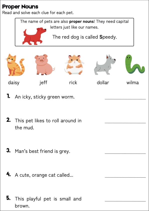 Pet Names Proper Nouns Worksheets | 50 Read the Clue Puzzles | 1st Grade Grammar