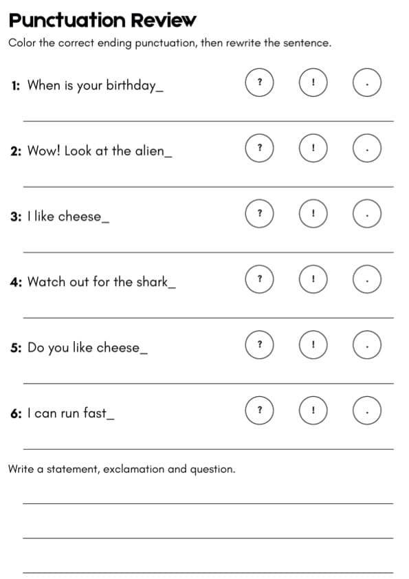 Punctuation Review Worksheets | End Marks, Commas in Dates and Lists, Possessive Nouns | 1st-2nd Grade