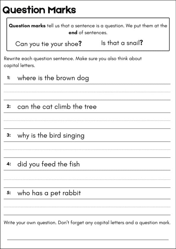 Question Mark Worksheets | Rewrite Questions and Statements with End Marks | 1st Grade Grammar