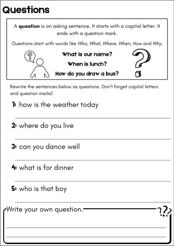 Asking Sentences Worksheets | Who, What, Where, When, How and Why Questions | 1st Grade Grammar