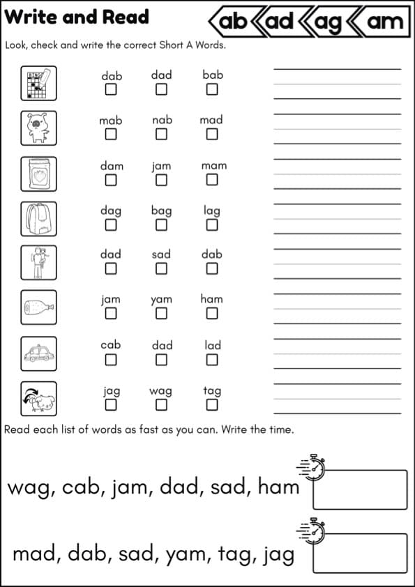 CVC Word Family Look, Check and Write Worksheets | Timed Fluency Lists | 1st Grade Short Vowels