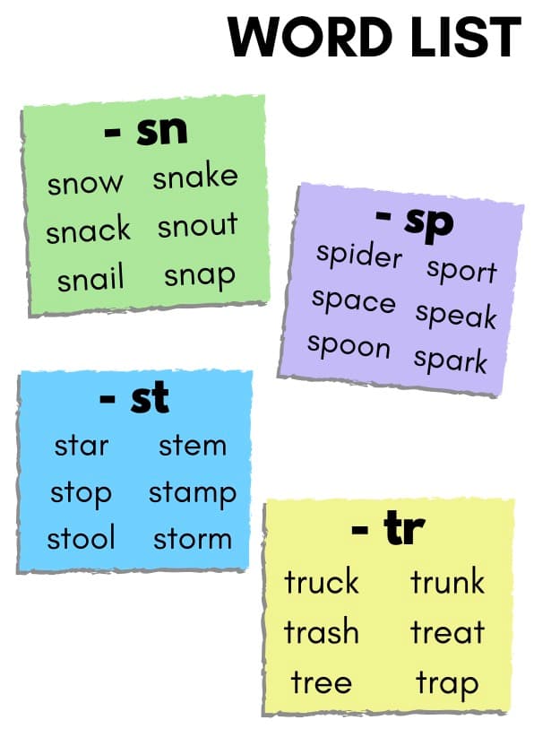 SN, SP, ST and TR Blends Flash Cards | 24 Consonant Cluster Picture Cards | 1st Grade Phonics