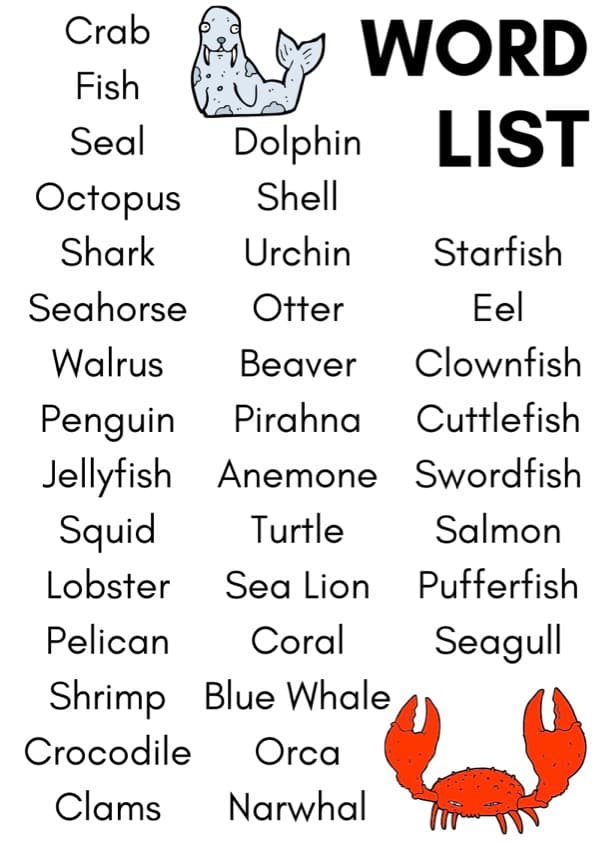 Sea Animals Flash Cards | 36 Ocean and Shore Animal Picture Cards with Word List | 1st Grade ESL