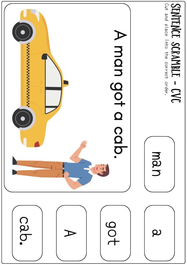CVC Sentence Scramble Cut and Paste Cards | 31 Picture Sentences | 1st Grade Literacy Center