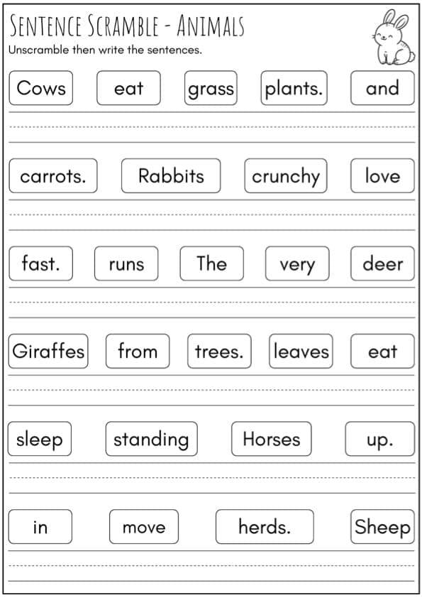 Animal Scrambled Sentences Worksheets | 60 Unscramble and Write Sentences | 1st Grade