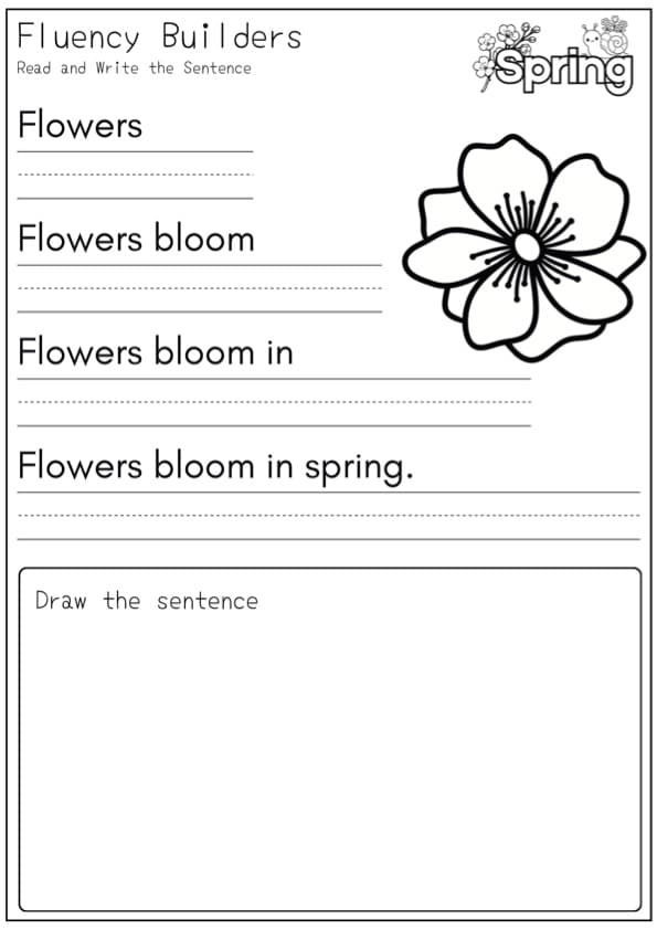 Spring Sentence Pyramids | 30 Read, Write and Draw Fluency Worksheets | 1st Grade