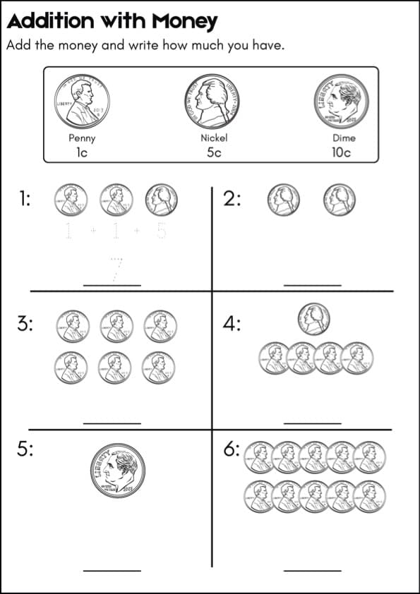Adding Coins to 10 Cents | Penny, Nickel & Dime Worksheets for 1st Grade