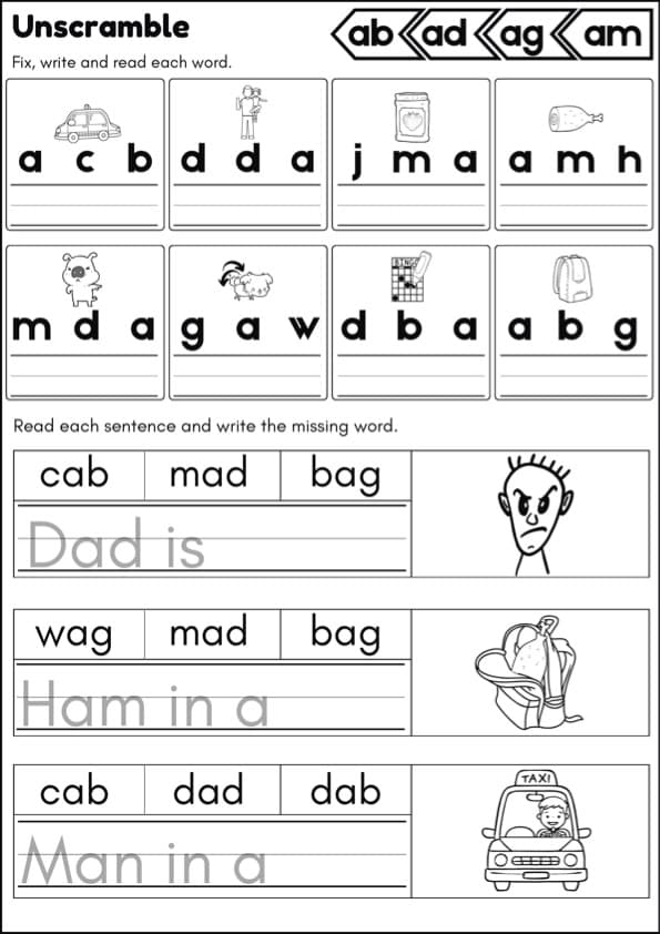 Unscramble CVC Words Worksheets | Fix, Write and Read Short Vowel Words | 1st Grade Phonics
