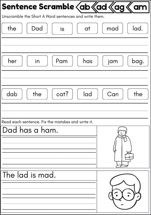 Short Vowel Sentence Scramble and Fix the Sentence Worksheets | 9 CVC Pages | 1st Grade Phonics