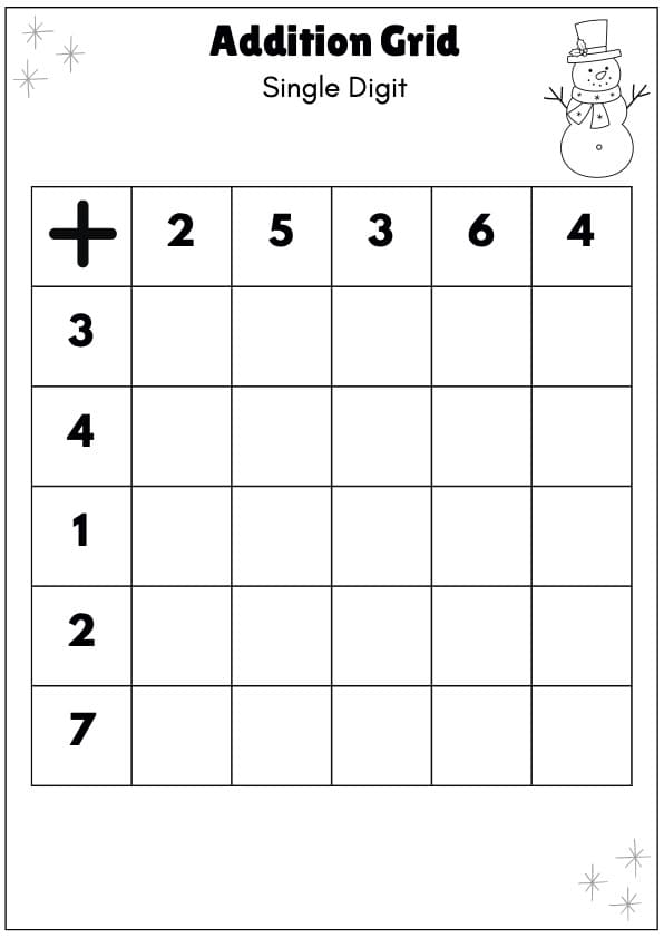 Winter Addition Grids | 20 Single-Digit Addition Fact Tables | 1st Grade Math