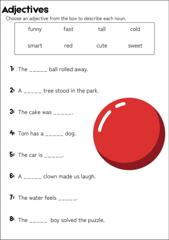 Adjectives Worksheets Grade 1 | Fill in the Blank with a Word Box
