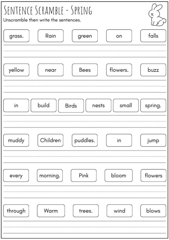 Spring Scrambled Sentences | 60 Sentence Building Cut-and-Order Strips | 1st Grade Grammar