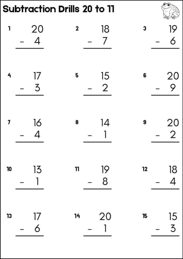 Subtraction Within 20 Drill Sheets | 150 Facts From 20 to 11 | 1st Grade Math Fluency