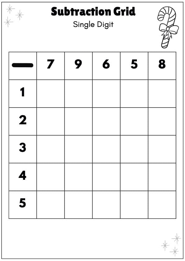 Winter Subtraction Grids | 20 Single-Digit Subtraction Fact Tables | 1st Grade Math