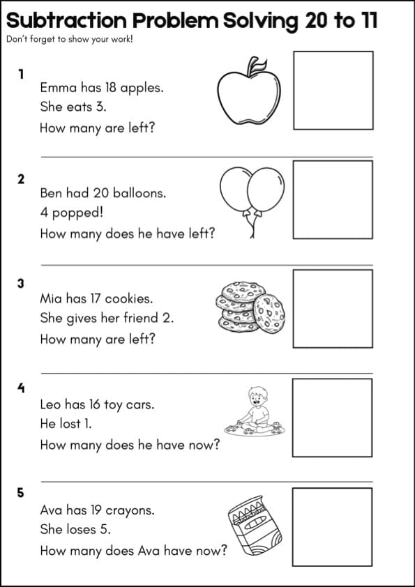 Subtraction Word Problems Within 20 | 50 One-Step Story Problems | 1st Grade Math