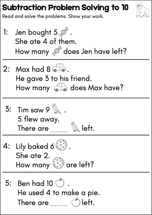Subtraction Word Problems to 10 | 50 Picture Story Problems | Kindergarten and 1st Grade Math