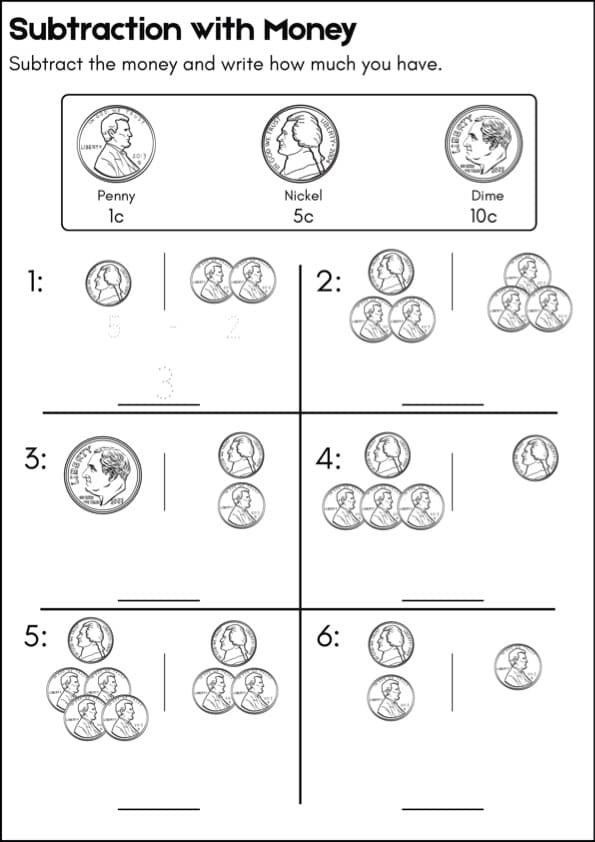 Subtracting Money With Pennies, Nickels and Dimes | 60 US Coin Subtraction Problems | 1st Grade Math
