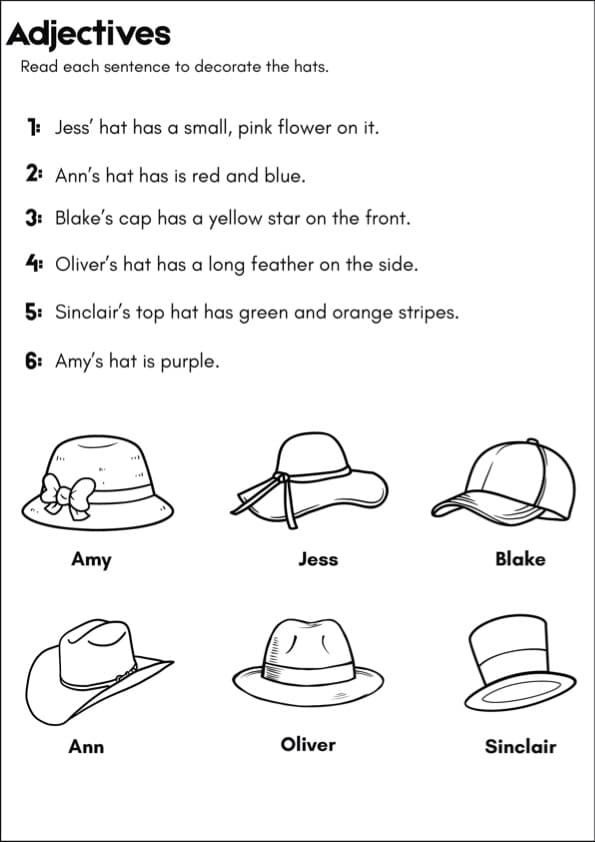 Adjectives Worksheets Grade 1 | Read and Draw Colouring Activity