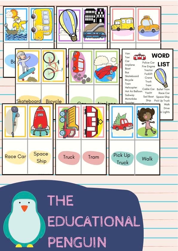 Transport Flash Cards 34 Vehicle Vocabulary Cards ESL EFL Pre K Grade | Pre-K Flash Cards