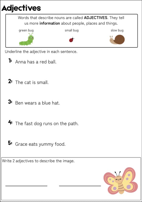 Identify Adjectives Worksheets Grade 1 | Underline the Adjective