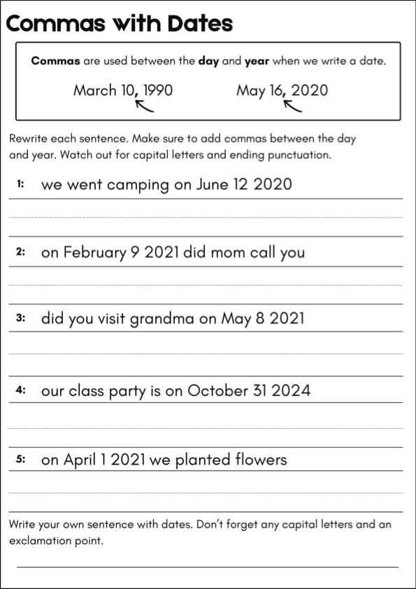 Using Commas Worksheets Date Writing Punctuation Practice | 1st Grade Grammar
