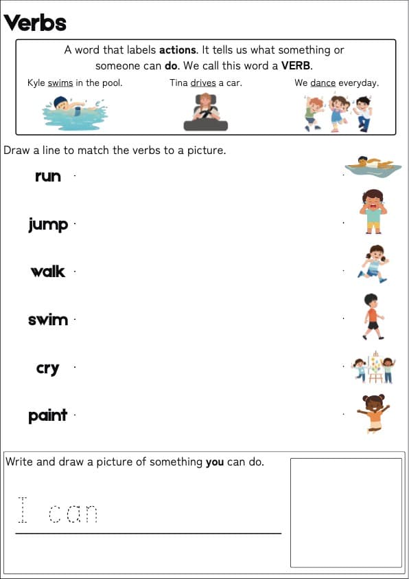 VERBS First Grade Language Arts ESL ELA Worksheets | 1st Grade Grammar