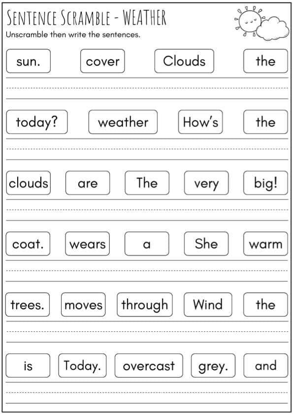 WEATHER Theme Sentence Building Activity Scrambled Sentences ELA ESL | 1st Grade Grammar