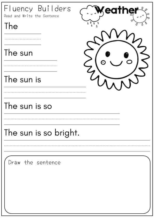 WEATHER Themed SENTENCE Fluency Pyramids For Reading And Writing Worksheet | 1st Grade Grammar