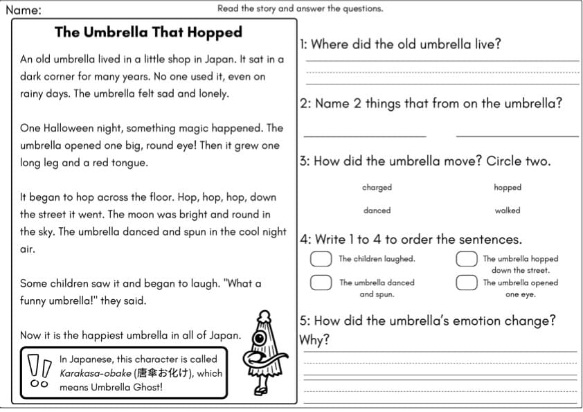 Japanese Yokai Folktales Reading Comprehension | 7 Halloween Stories | Grade 2 ESL