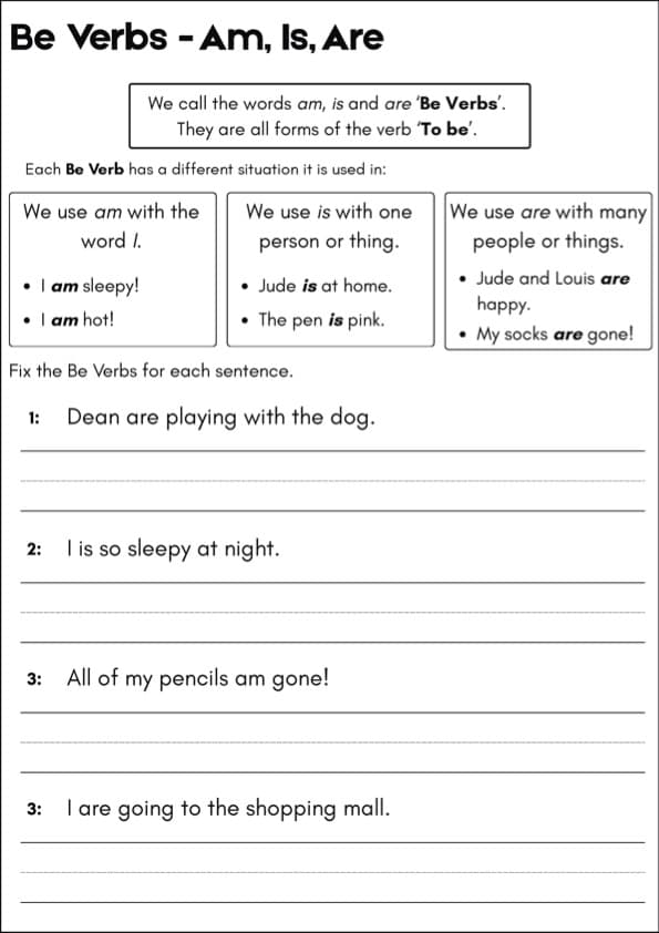 Be Verbs Worksheets | Am, Is, Are | 11 Grammar Printables | Grade 1 ESL