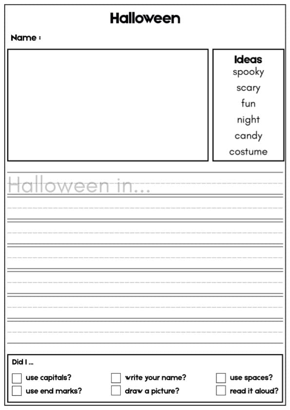Halloween Writing Prompts with Word Banks | 60 No-Prep Pages | K-3 ESL Writing