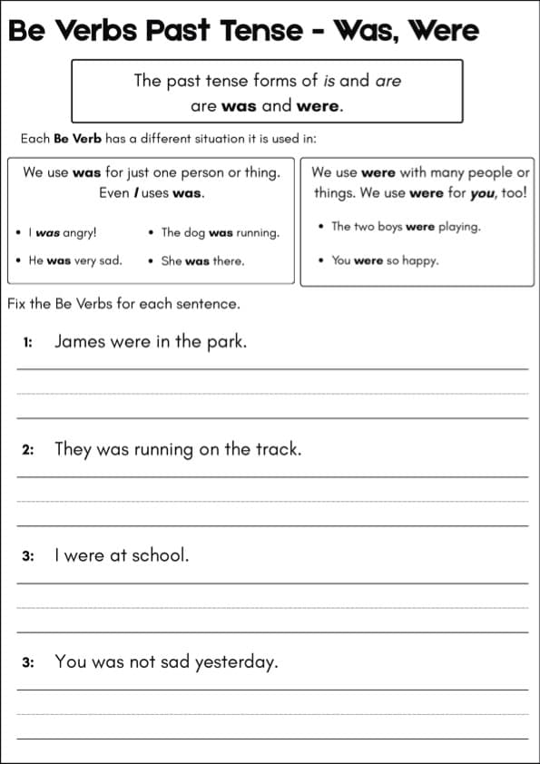 Was and Were Worksheets | Past Tense Be Verbs | 11 Grammar Printables | Grade 1 ESL