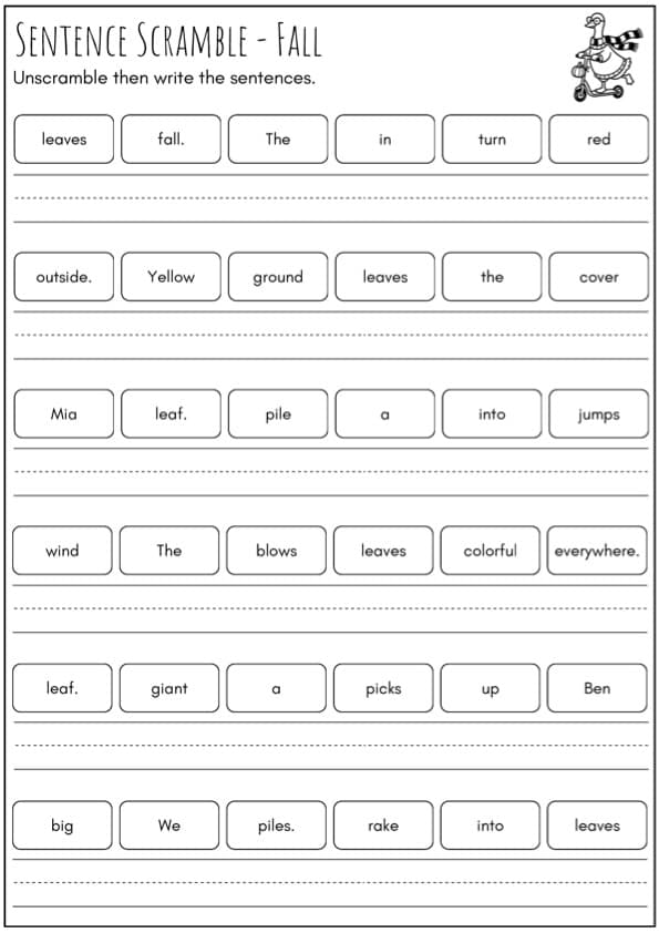 Fall Sentence Scramble Worksheets | 60 Autumn Sentences | 1st-3rd Grade ESL Writing
