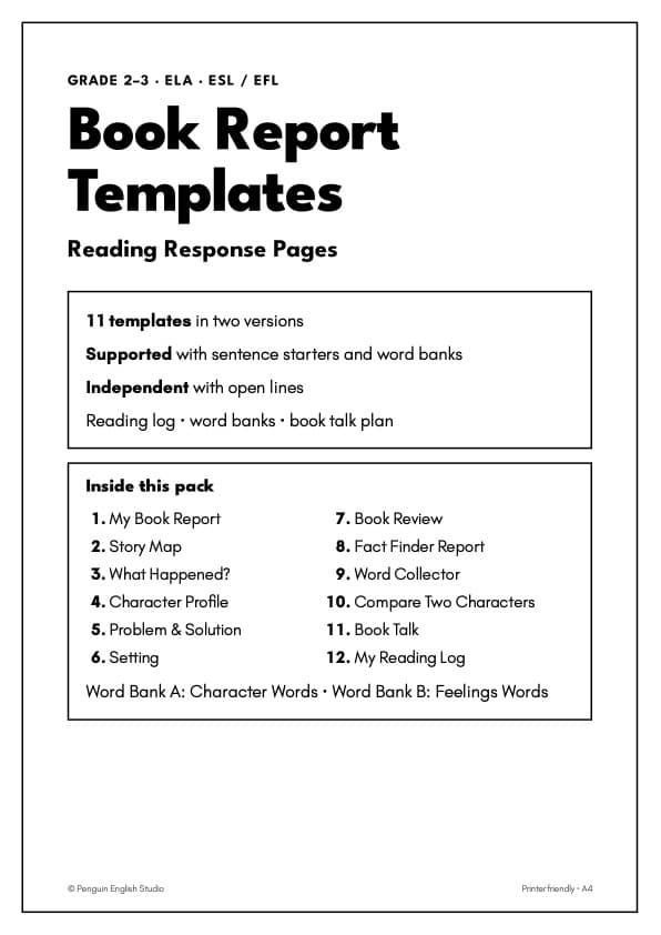 Book Report Templates | 11 Reading Response Pages in 2 Levels | 2nd-3rd Grade ESL