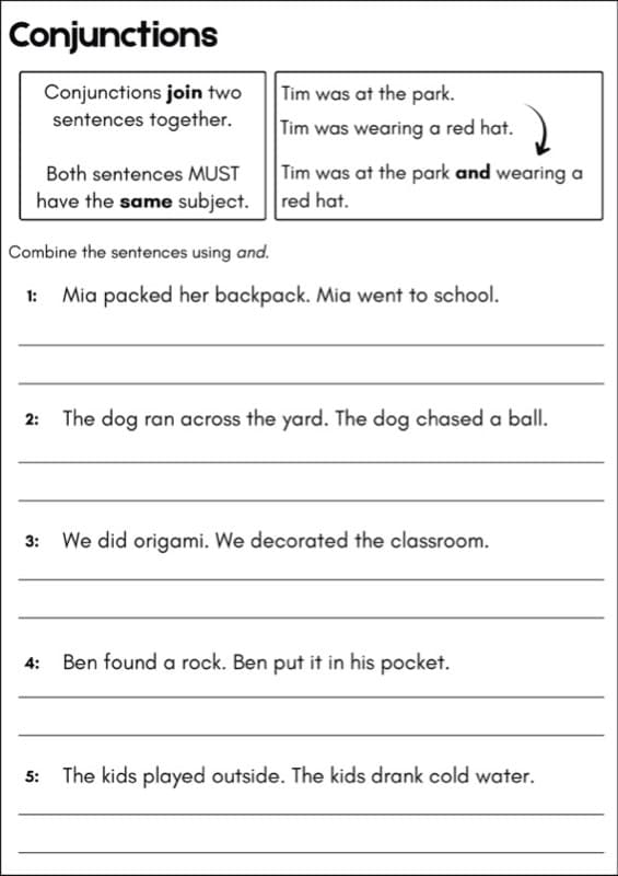 Conjunctions Worksheets | Combine or Cross Out Sentences with And | 1st Grade Grammar