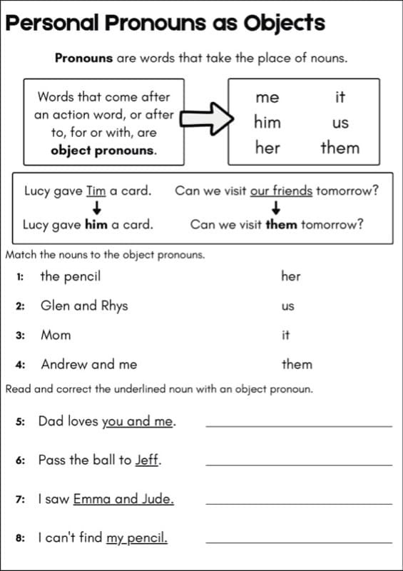 Object Pronouns Worksheets | Me, Him, Her, It, Us, Them | 1st Grade Grammar ESL