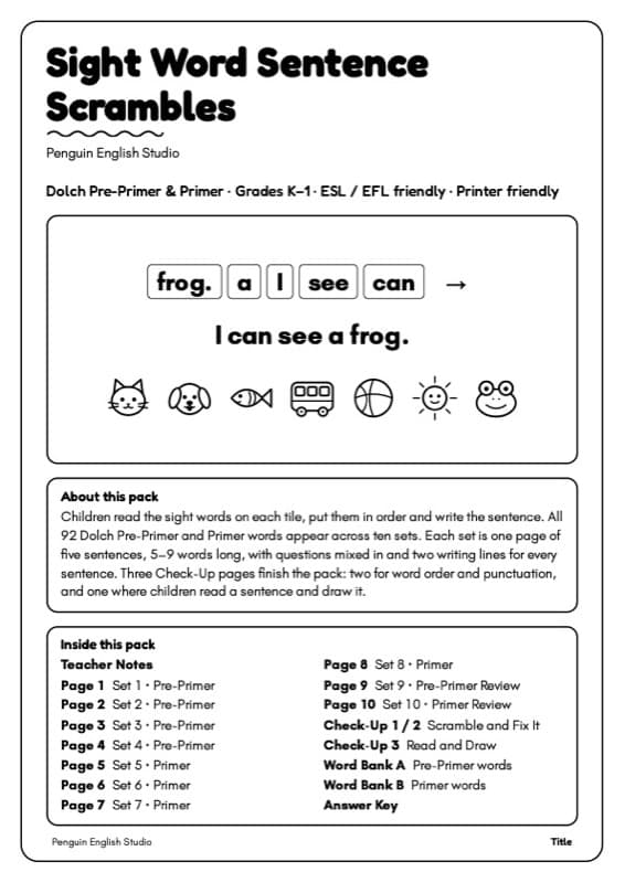 Sight Word Sentence Scrambles | Dolch Pre-Primer & Primer Worksheets | Kindergarten-1st Grade