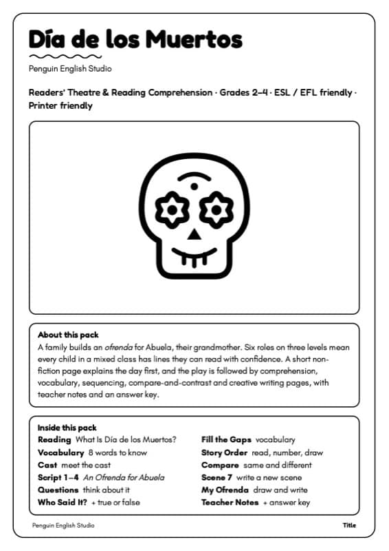 Día de los Muertos Reader's Theater Script | Day of the Dead Reading Comprehension | Grades 2-4 ESL