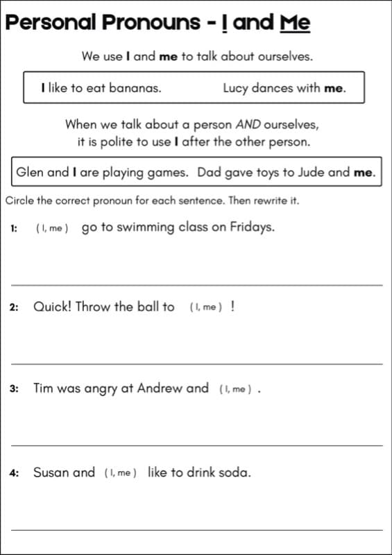 I and Me Worksheets | Personal Pronouns Fill-in-the-Blank Stories | 1st Grade Grammar ESL