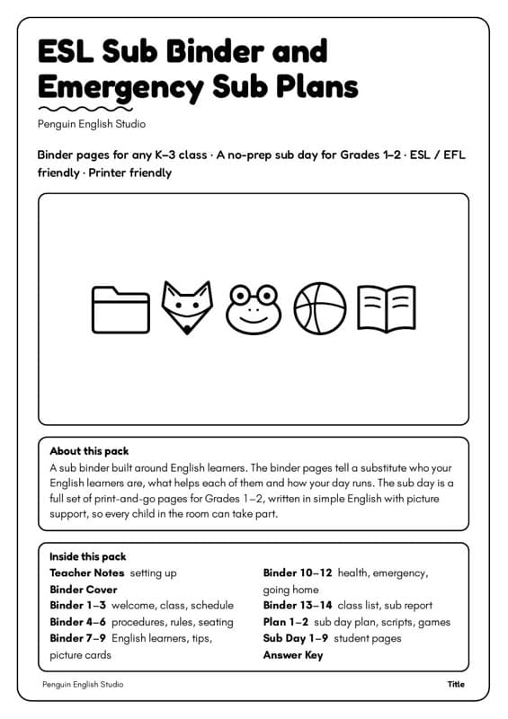 ESL Sub Binder and Emergency Sub Plans | Substitute Teacher Binder for English Learners | 1st-2nd Grade