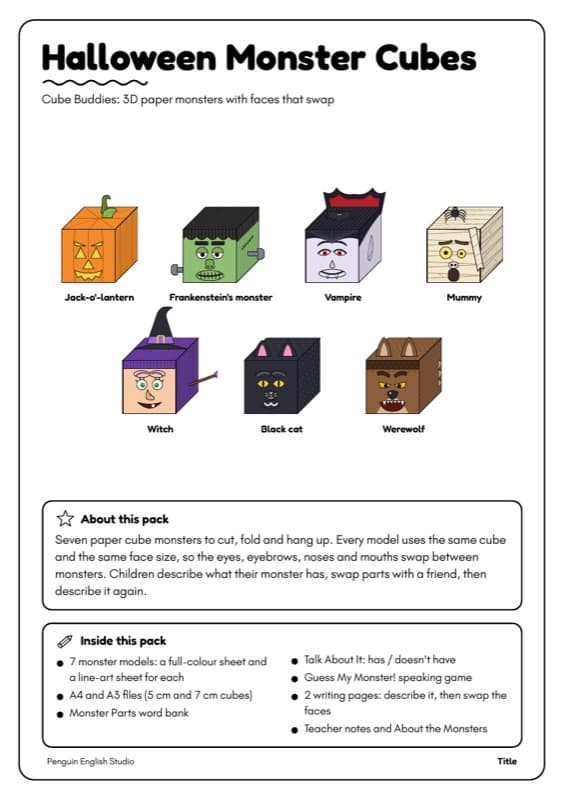 Halloween Craft Paper Cubes | 7 Build a Monster Cube Buddies with Swappable Faces | K-2 ESL Speaking and Writing