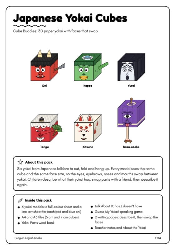 Japanese Yokai Craft Paper Cubes | 6 Monster Cube Buddies with Swappable Faces | K-2 ESL Speaking and Writing